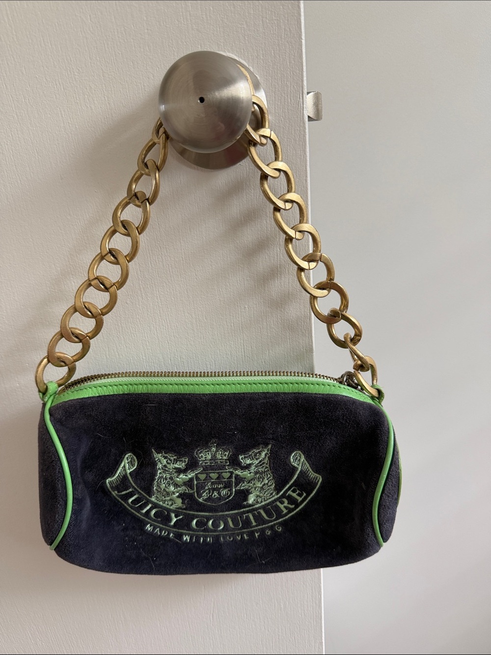 Juicy Couture Black Suede Mini Wristlet with Neon Green Trim and Gold Chain